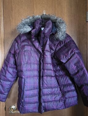 Women's Purple Plaid Puffer Coat with Faux Fur Hood